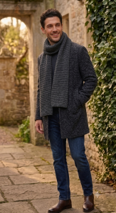 men's charcoal wool blend garter knit scarf